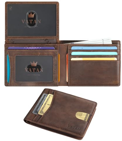 Vatan Wallet for Men Slim RFID Blocking Leather Credit Card Holder Wallet for 15 Cards, Bifold Minimalist Thin Wallet with 2 ID Windows & Cash Slot, with Gift Box (CH Coffee)