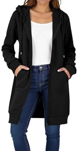 ZWDC Damen Lange Kapuzenjacke mit Reißverschluss Mittellange Freizeitjacke mit Taschen Locker Geschnittene Übergangsjacke für Alltag Arbeit Reisen Outdoor Streetwear