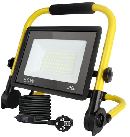 LED-bygglampa, 50 W, bärbar arbet, ultraljus, färgtemperatur 6 000 K, vattentät IP66, EU-kontakt med 3,5 m kabel och strömbrytare, lämplig för verkstad, garage, trädgård
