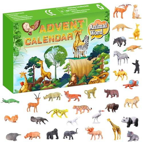 Calendrier de l'Avent Animaux 2025 Calendrier de l'Avent Enfants, 24 Jours Animaux Jouet éducatif, Calendrier de Noël avec Mini Animaux Sauvages Panda éléphant Tigre Renne