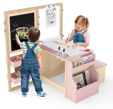 DREAMADE 3 in 1 Kindersitzgruppe, höhenverstellbares Kinder Tisch Stuhl Set mit Strauraum, Papierrolle, Ablagefächer & Bücherregal, Staffelei Maltisch Set für Kinder ab 3 Jahren (Rosa)