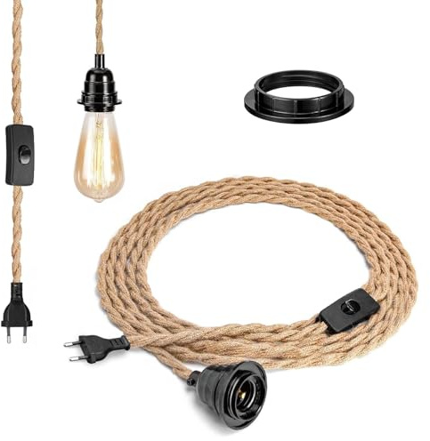 Douille E27 avec interrupteur, comprend une douille E27 et un cordon d'alimentation de 4 mètres, convient aux suspensions, aux plafonniers et aux luminaires DIY, blanc. (Jaune)