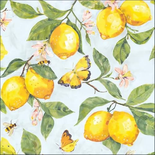20 Servietten Zitronen am Baum & bunte Schmetterlinge | Papierservietten 33x33 cm | Sommerliche Tischdeko | Für Serviettentechnik & Basteln inkl. Setita Menükarte