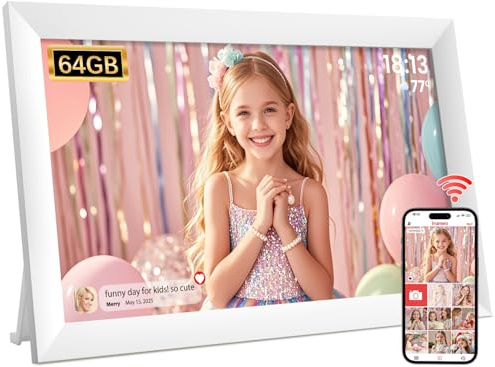 Hesmor Frameo Digital Photo Frame 64GB Picture Frame WiFi 10.1 Inch White | 1280x800 IPS Touchscreen, Auto-Rotate and Audio, Share Photos or Videos via the Frameo App Anywhere, Electronic Photo Frame
