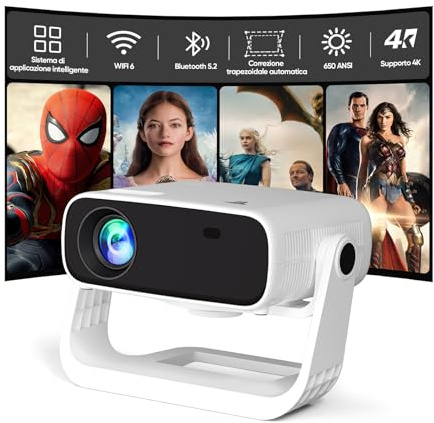 2025 Nuovo proiettore Full HD 1080P aggiornato, 20000 lumen, supporto 4K, Android 11, WiFi 6 e Bluetooth 5.2, correzione trapezoidale automatica, proiettore home cinema orientabile a 120°.