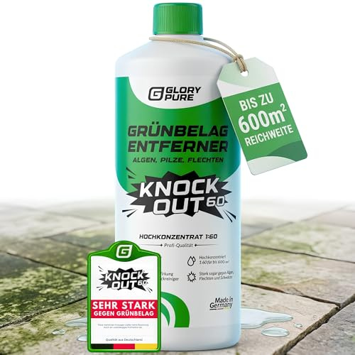 GLORYPURE Grünbelag-Entferner KNOCK OUT 60 | Hochkonzentrat bis zu 600 m², extrem starker Wirkstoff, effektiv gegen Algen & Flechten | Terrasse, Gehwege, Fassaden, Camper | Der stärkste seiner Art