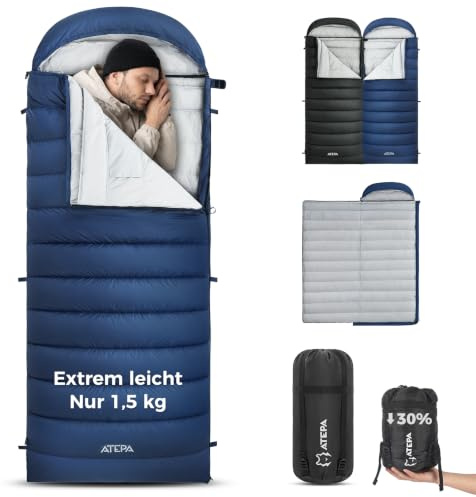 ATEPA Ultraleichter Daunenschlafsack 650/700FP, 3-Jahreszeiten (12°C / 6°C / -1°C), Leicht & Kompakt, Wasserabweisend, Ideal für Camping, Wandern, Trekking & Rucksackreisen, Mit Kompressionssack
