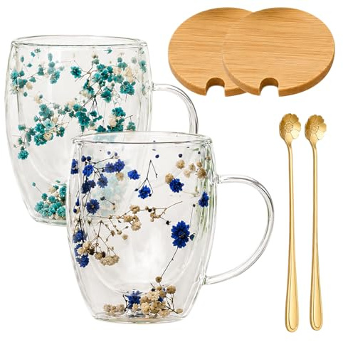2 stycken dubbelväggiga kaffekoppar med torkad blomma, 350 ml dubbelväggiga glas med handtag, blommor dubbelskikt glaskoppar, torkade blommor kaffemuggar, macchiato-glas med torkade blommor för te