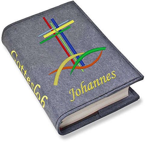 Gotteslob Gotteslobhülle Hülle bunte Kreuze Filz mit Namen bestickt Einband Umschlag personalisierte Gesangbuchhülle, Farbe:blaugrau meliert