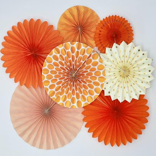 SUNBEAUTY Pack of 7 Hanging Paper Fans Collection Orange Paper Fans Home Party Photo Backdrop Decorations