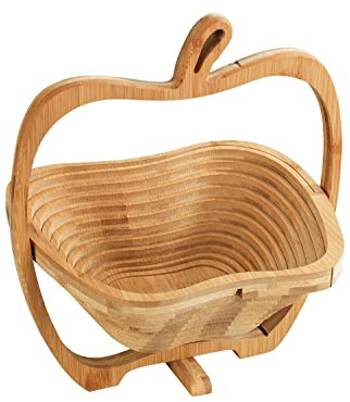 Maximex Cesta plegable 2 en 1 de bambú para frutas, tabla de cortar y posavasos, con diseño de manzana, antibacteriana y sostenible, ahorra espacio, cesta para verduras, 26,5 x 30 x 22,5 cm