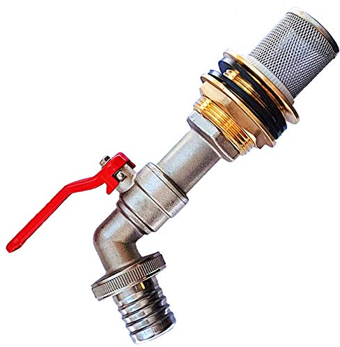 Regentonnen Tank Fass Durchführung Verschraubung 3/4 AG x 1/2 Zoll IG aus Messing für Lochdurchmesser 27mm + Auslauf Ventil Hahn 1/2 + Filter + Schlauchtülle Außendurchmesser 13mm