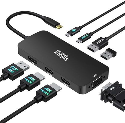 USB C Docking Station Dual HDMI Monitor Adapter, Selore USB C Hub 3 Monitors with Dual HDMI, Displayport, VGA, 100W PD Charging, 3USB 2.0 Ports Adapter for Dell XPS,HP, Lenovo,etc(Black)