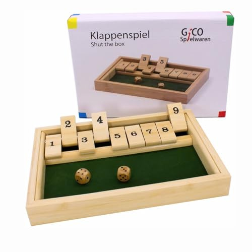 GICO Shut The Box 9er Würfelspiel aus Holz für Kinder und Erwachsene Klappenspiel - 7954 | Traditionelles Klappspiel: Klassisches Würfelspiel aus Echtholz mit Zahlen-Klappen (1–9) und samtgepolsterter Würfelfläche.