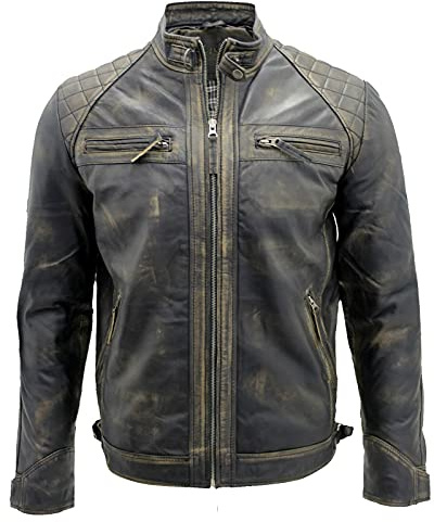Infinity Leather Giacca Classica da Uomo in Pelle Nera Retrò Trapuntata Vintage Retrò da Motociclista XS
