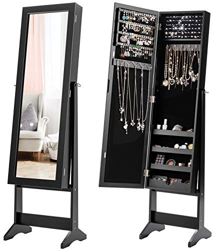 COSTWAY Schmuckschrank neigungsverstellbar, Schmuckregal mit Ganzkörperspiegel, Schmuck Spiegelschrank mit 64 Ohrringschlitzen, 20 Halskettenhaken, 72 Ringschlitzen, 4 Ablagen für Make-up (Schwarz)