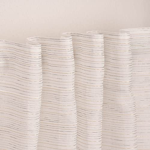 SCHÖNER LEBEN. Rideau prêt à poser avec galon fronceur - Brodé - Rayures transversales fines - Blanc, gris, beige, or rose - 140 x 245 cm