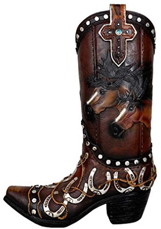 Ebros Gift Rustic Western Running Horses Wild and Free with Horseshoes and Cross Cowboy Cowgirl Boot Decorative Figurine Or Floral Vase Planter Tooled Leather Finish Accent