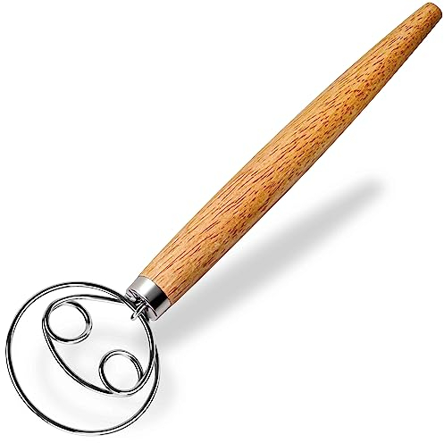 Maxjoy Danish Dough Whisk Wooden Bread Whisk with Stainless Steel Dough Hook - Traditional Dutch Whisk - Dough Mixer Hand Tool & Sourdough Bread Making Tools and Supplies
