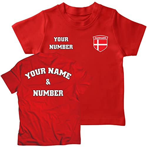 Barn personlig fotbollströja Danmark | Ditt namn och nummer | Danska flaggemblem | Anpassad T-shirt | Fotbollsmästerskap 2026, Röd flerfärgad, 5-6 Years