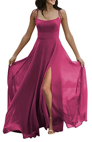 HPPEE Vestidos de dama de honor de boda, tirantes delgados, largos de gasa, sin mangas, vestidos de fiesta para mujer, fucsia, 34