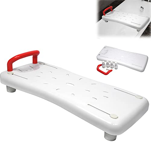Aufun Tabla de bañera de 70 cm de Largo, Asiento de bañera para Personas Mayores con Tablero de Asiento, portaobjetos y asa, Silla para el baño (Asa roja)