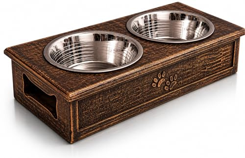 Pet Dog Water & Food Bowl Feeder Dish Elevated Raised Stainless Steel Metal Cups Set Of 2 With Premium Wood Stand Rust Resistant Food Grade Dry & Wet Food, Weighted & Durable, No Spill, Natural Brown