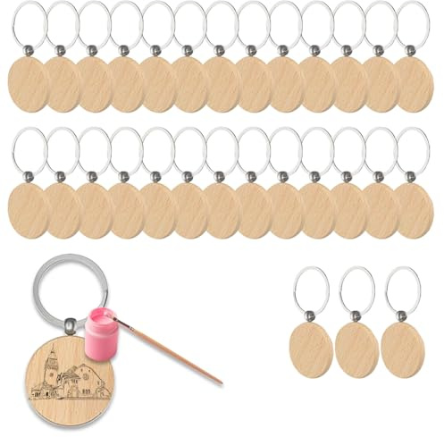 DiBaiHuiHomer 30 Pièces Porte-clés en Bois Naturel Personnalisé pour la Peinture, la Décoration, les Cadeaux DIY