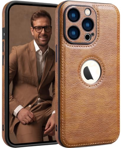 SOUTEM Custodia in pelle PU per iPhone 15 Pro Max,Cover di Protezione per L'obiettivo della Fotocamera,PU Pelle Sottile Lusso Business Antiscivolo Grip Rugged Antiurto Pieno Protettivo Case(Marrone)