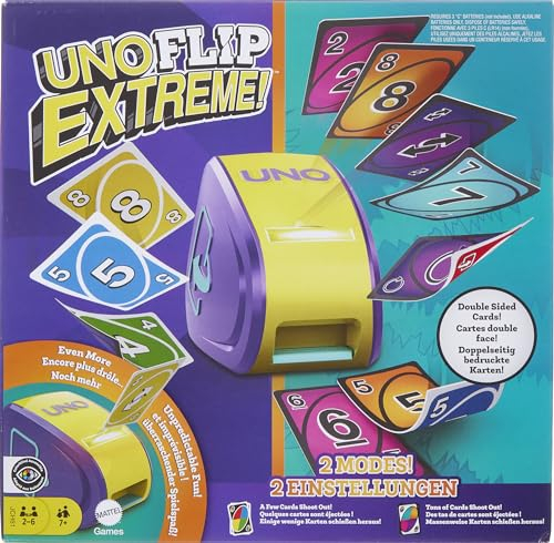Mattel Games - UNO Flip Extreme, la nuova versione dell'iconico gioco di carte che combina UNO Flip e UNO Extreme, con Lancia Carte incluso, giocattolo per bambini, 7+ anni, JCH61