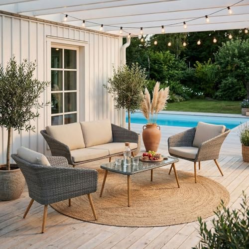 IDIMEX Gartenmöbel Antalya: Komfortables Lounge Set mit Zweisitzer, Sesseln & Tisch, Polyrattan - Grau/Beige