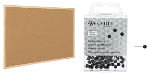 Raylu Paper® - Natürliche Korkplatte mit Rahmen aus Kiefernholz, Pinnwand mit Montageset. (60 x 40 cm) & WESTCOTT Rundkopfnadeln, 100 Stück, 5 mm Durchmesser, 16 mm lang, schwarz, E-10502 00