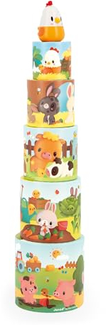 Janod - Meine erste Pyramide Bauernhoftiere - Baby- und Kleinkindspielzeug - 5 Stapelzylinder + 1 Holzhuhn- Fördert Handgeschicklichkeit und Fantasie - Ab 12 Monaten, J03310