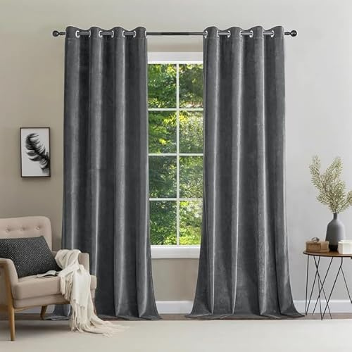 CUCRAF Samtvorhang mit Ösen 2er Set, blickdichte und lichtundurchlässige Vorhänge, H 240x B 132cm, luxuriöse wärmeisolierende Vorhänge für Wohnzimmer und Schlafzimmer (Grau)