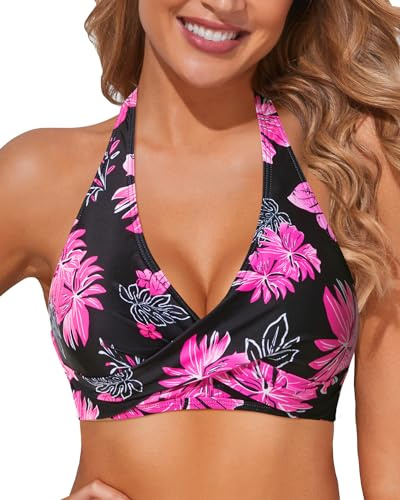 Holipick Pink Floral Women Halter Bikini Tops - Push Up Bathing Suit Top V Neck Full Coverage Swimsuit Top Only XL