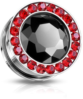 beyoutifulthings Ohr-Plug Zirkonia Schwarz Rot Silber Edelstahl Ohr-Piercing Ohr-Schmuck Screw Fit Flesh Tunnel Schraub-verschluss 12-mm