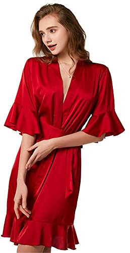 Peignoir Femme Peignoir à Volants Col en V Pyjama Kimono Été Doux Satin Soie Mousseline de Soie Vêtements de Nuit Fête de Mariage avec Ceinture pour Mariage Mariée Demoiselles d'honneur (Vin Rouge