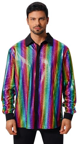 FYMNSI Herren Pailletten Langarm Hemd 70er Disco Party Kost�m Slim Fit Button Down Metallic Gl�nzend Kleid Shirts Nachtclub Top Freizeithemd 80er Jahre Outfit Karneval Fasching Oberteil Bunt 3XL