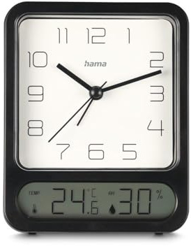 Hama analoger Wecker (mit digitaler Temperaturanzeige, mit Hygrometer, ohne Ticken, 1 Weckzeit, mit Stunden-, Minuten- und Sekundenzeiger, inkl. Batterie) schwarz