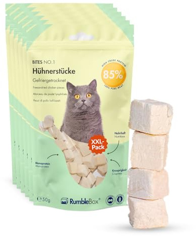 RumbleBox XXL 100% Hühnerstück Gefriergetrocknete Katzensnacks, Gesunde Leckerlis ohne Getreide und Zucker für Allergiker, NUR 1 ZUTATEN (Sparbox 6x50g)