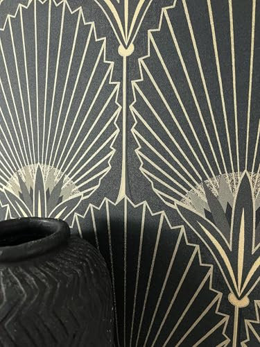 Newroom Tapete Schwarz Gold Vlies Art Deco - Glamour Ornamente Fächermuster für Wohnzimmer Schlafzimmer