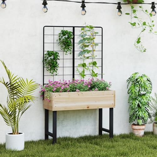 RELAX4LIFE Jardinière sur Pieds avec Treillis Métallique et Fond à Lattes | Carré Potager sur Pieds Jardinière Treillis en Bois, pour Balcon/Terrasse/Jardin, Longueur 80 CM