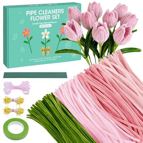 500 Piezas Limpiapipas Manualidades, Limpiador de Pipas para Manualidades,Set de Limpiapipas Flores Tulipán,Flores Decoración Kit Limpia Pipas con Cinta adhesiva, Estambres,Postes de Flores,Cinta,Rosa
