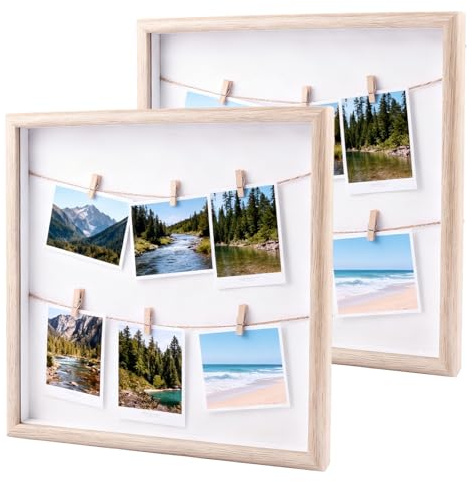 STARVAST 2 Stück DIY Holz Fotocollage Rahmen，Wandbilderrahmen mit Schnur，Klammern für Polaroids Fotos，Vielseitiger Fotohalter für Fotowand Geschenk，33x33cm