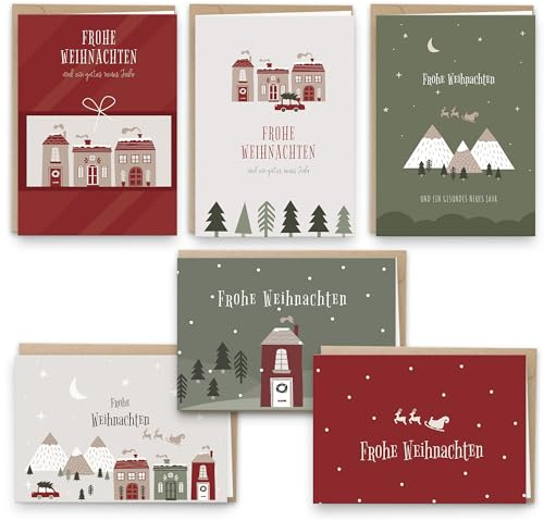 Weihnachtskarten - 24 Premium Klappkarten mit Umschlag Set - A6 Postkarten mit Hausmuster - Kleine Weihnachtskarten für Kinder Freunde Merry Christmas Cards Grußkarten Weihnachten Geschenke