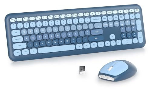 Vumilstek Blue Quiet Keyboard and Mouse Wireless, Full Size Silent Keyboard Cute Typewriter American QWERTY 2.4G Cordless Round Keys for Office Home Dorm PC/Laptop/Desktop(Ocean Blue)