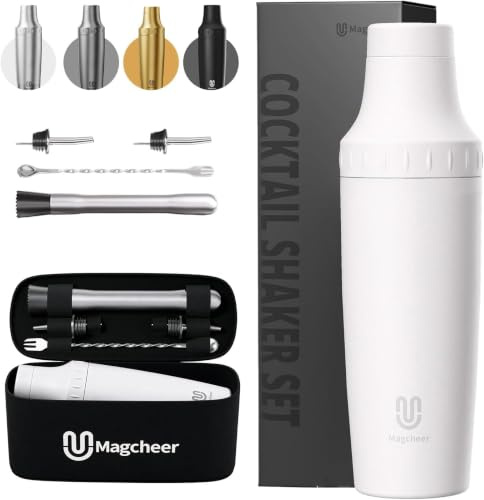 Magcheer 900ml Juego de Coctelera Profesional con Bolsa | 5 piezas Cocktail Kit | Coctelera Aislante Resistente a las Heladas | Tapa con Vaso Medidor Incorporado | Regalo Hombre(Blanco)