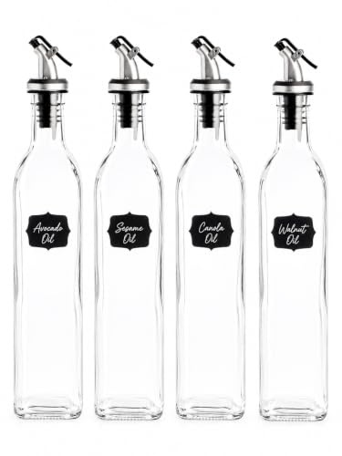 Oil Dispenser | 500ml Glass Bottles With Stoppers & Drizzler | Olive Oil Dispenser Bottle | Labels & Pen Included | Cooking & Serving | Balsamic Vinegar, Soy Sauce, Salad Dressing | Restaurant Style