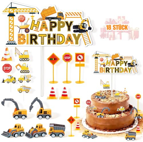 Anruzon Baustellenfahrzeuge Geburtstag Kinder, 18 Stück Junge Bagger Tortendek, Mini Bagger Kuchendeko mit Happy Birthday Tortendeko, für Geburtstag Junge 2 3 4 5 Jahre