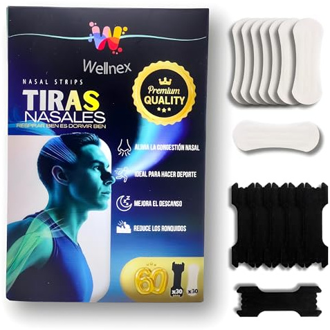 Wellnex Tiras Nasales para Descanso y Ronquidos Nasales - Pack 60 (30 Negras + 30 Blancas) - Dilatador para Respirar Mejor por la Noche - Hipoalergénicas y Adherencia de Larga Duración